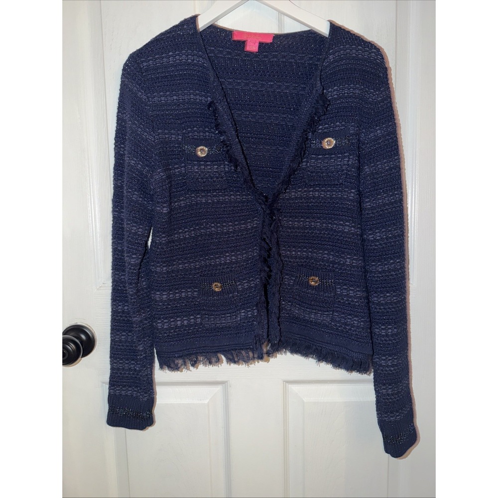 Lilly Pulitzer Navy‎ Metallic Beckington Knit Cardigan Sz M Gold Buttons EUC